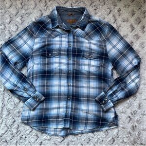 Jacks Girlfriend Women’s Large Blue And White Buttoned Up Flannel